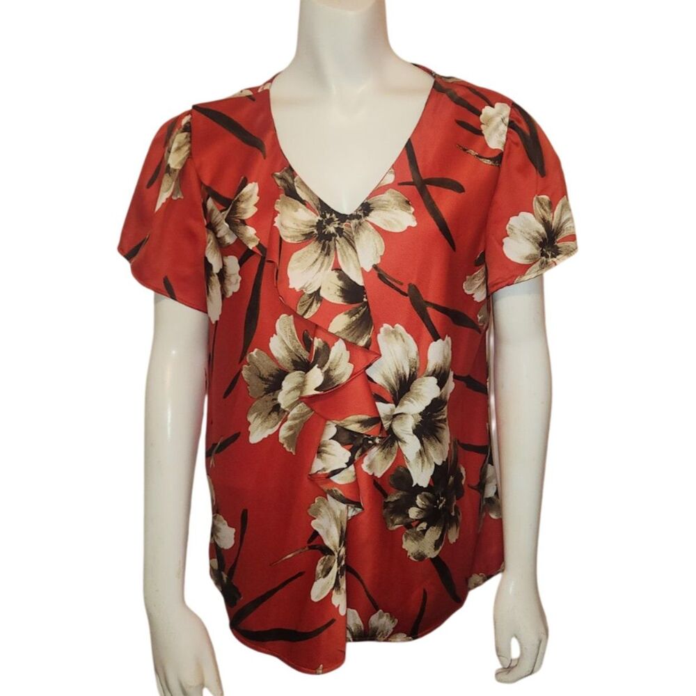 Alfred Dunner Red Asian Floral Ruffle Front Blouse Womens Size 14